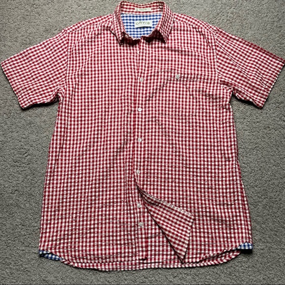 Orvis Short Sleeve Shirt Soft Cotton Check Red Mens Large - Picture 1 of 12